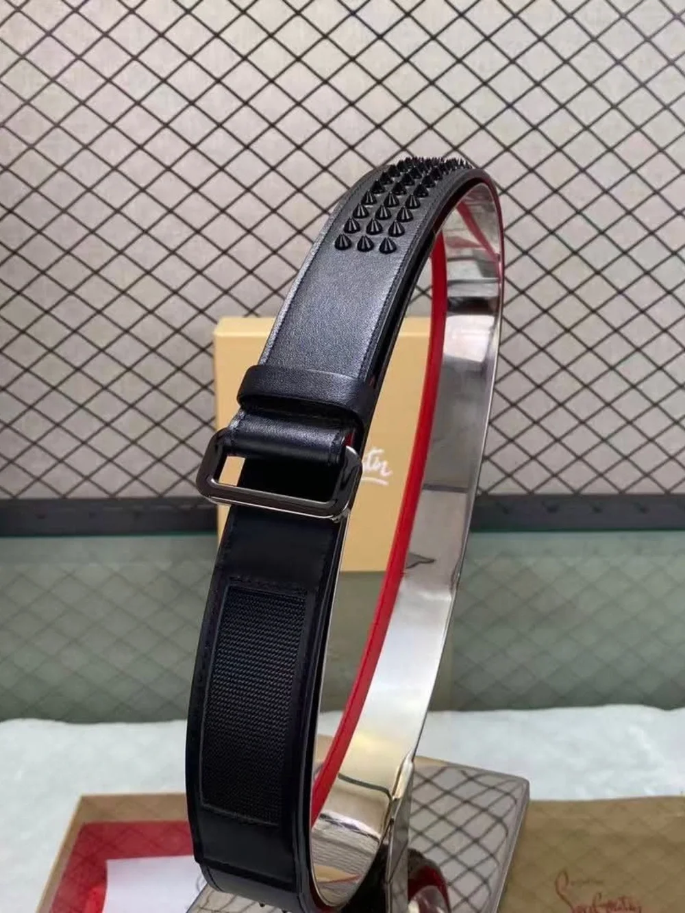 NEW-Christian Louboutin LOUBI Belt (Black Exterior with Red Lining) Calf Leather